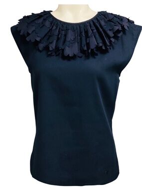CHANEL NAVY BLUE RUFFLE NECK COTTON TOP